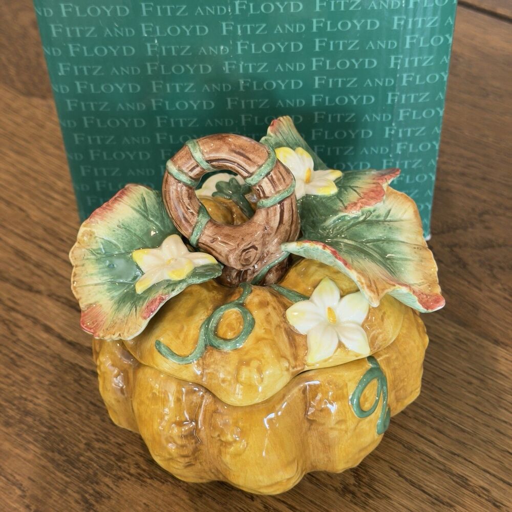 Fitz and Floyd Gardening Gourmet Pumpkin Condiment Jar W/Lid Spoon Box Vintage